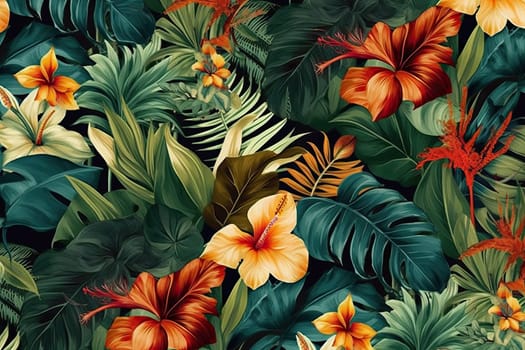 Tropical exotic pattern with animal and flowers in bright colors and lush vegetation. Ai Generative