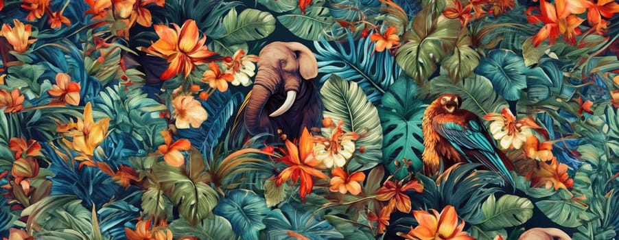 Tropical exotic pattern with animal and flowers in bright colors and lush vegetation. Ai Generative