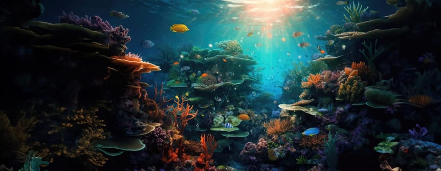 Tropical sea underwater fishes on coral reef. Aquarium oceanarium wildlife colorful marine panorama landscape nature snorkel diving. AI Generative