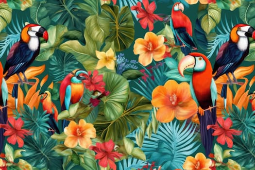 Tropical exotic pattern with animal and flowers in bright colors and lush vegetation. Ai Generative