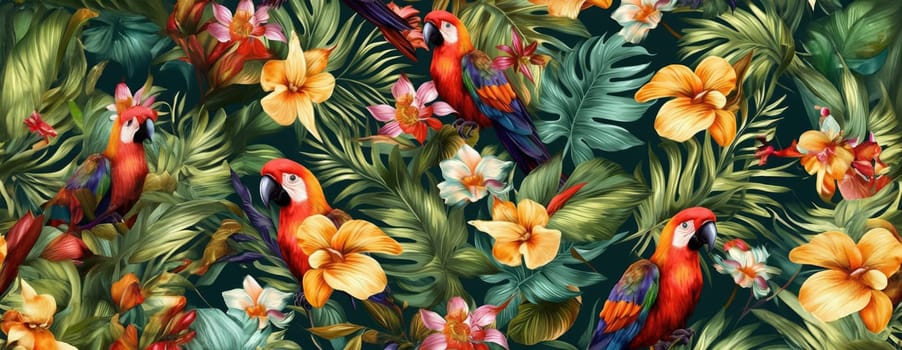 Tropical exotic pattern with animal and flowers in bright colors and lush vegetation. Ai Generative