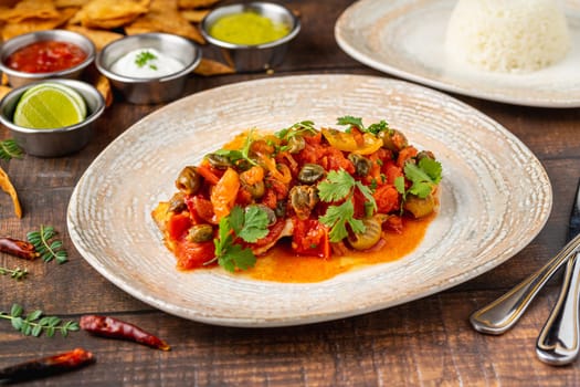 Mexican food huachinango a la veracruzana with sauces on wooden table