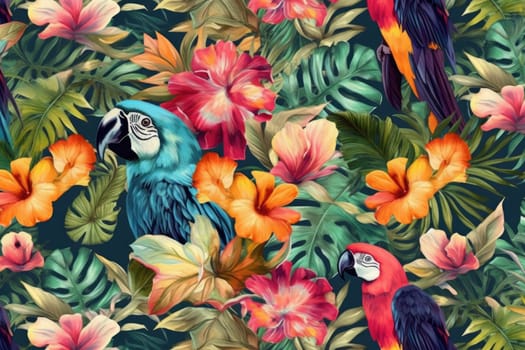 Tropical exotic pattern with animal and flowers in bright colors and lush vegetation. Ai Generative