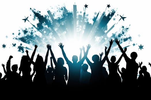 Silhouettes of people with their hands raised up. The concept of joy from victory.