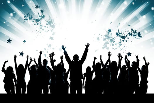 Silhouettes of people with their hands raised up. The concept of joy from victory.