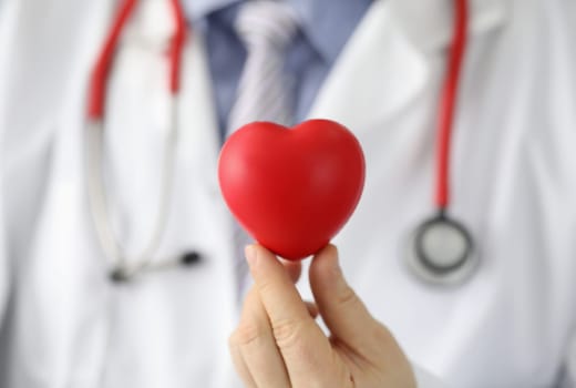 Cardiologist holding red toy heart closeup. Doctor cardiotherapist and treatment of cardiovascular disease concept