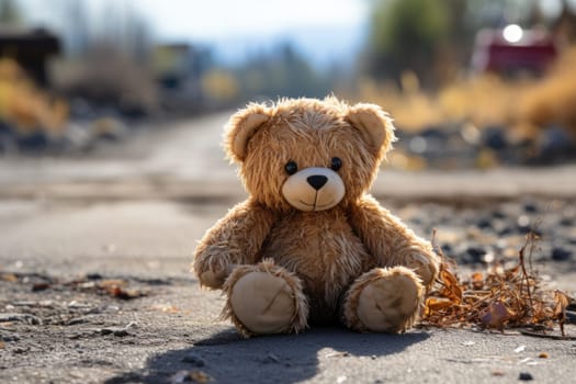 Conceptual image: loss childhood. Dirty teddy bear toy lies outdoors on the road as symbol of childrens loneliness. AI Generated