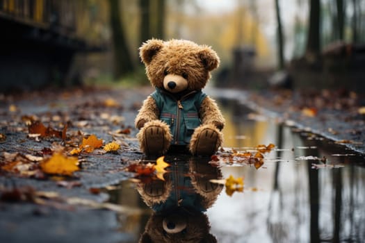 Conceptual image: loss childhood. Dirty teddy bear toy lies outdoors on the road as symbol of childrens loneliness. AI Generated