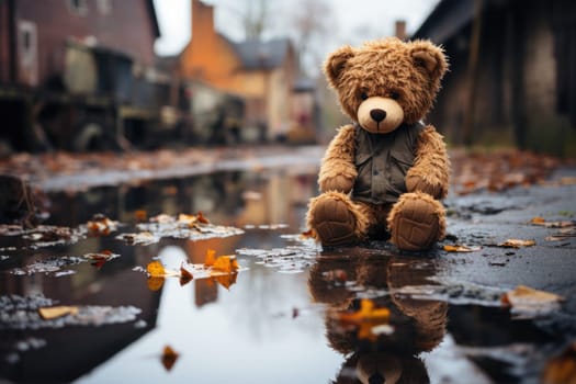 Conceptual image: loss childhood. Dirty teddy bear toy lies outdoors on the road as symbol of childrens loneliness. AI Generated