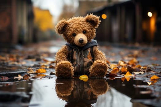 Conceptual image: loss childhood. Dirty teddy bear toy lies outdoors on the road as symbol of childrens loneliness. AI Generated