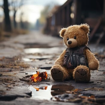 Conceptual image: loss childhood. Dirty teddy bear toy lies outdoors on the road as symbol of childrens loneliness. AI Generated