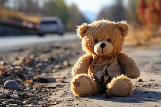 Conceptual image: loss childhood. Dirty teddy bear toy lies outdoors on the road as symbol of childrens loneliness. AI Generated