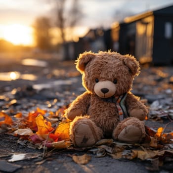 Conceptual image: loss childhood. Dirty teddy bear toy lies outdoors on the road as symbol of childrens loneliness. AI Generated