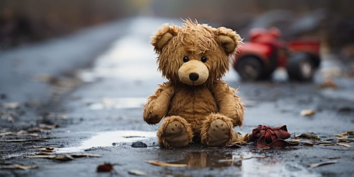Conceptual image: loss childhood. Dirty teddy bear toy lies outdoors on the road as symbol of childrens loneliness. AI Generated
