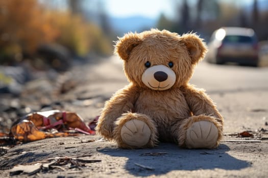 Conceptual image: loss childhood. Dirty teddy bear toy lies outdoors on the road as symbol of childrens loneliness. AI Generated
