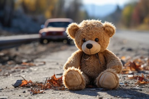 Conceptual image: loss childhood. Dirty teddy bear toy lies outdoors on the road as symbol of childrens loneliness. AI Generated