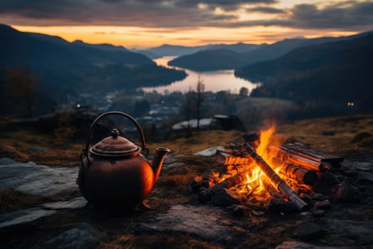 Small campfire with gentle flames beside a lake during a glowing sunset. boiling kettle for tea or coffee. AI Generated