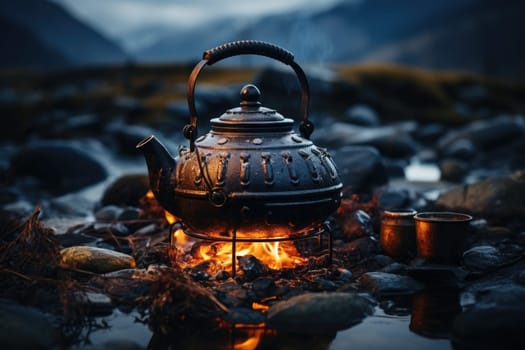 Small campfire with gentle flames beside a lake during a glowing sunset. boiling kettle for tea or coffee. AI Generated