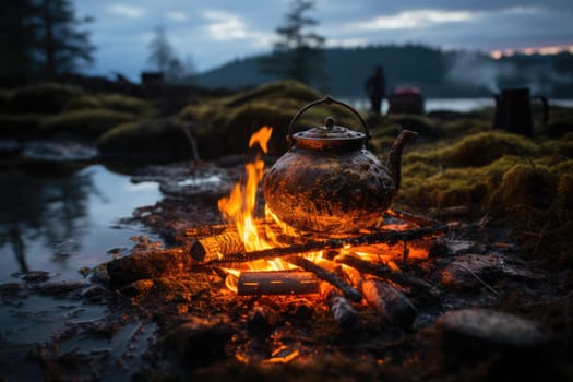 Small campfire with gentle flames beside a lake during a glowing sunset. boiling kettle for tea or coffee. AI Generated