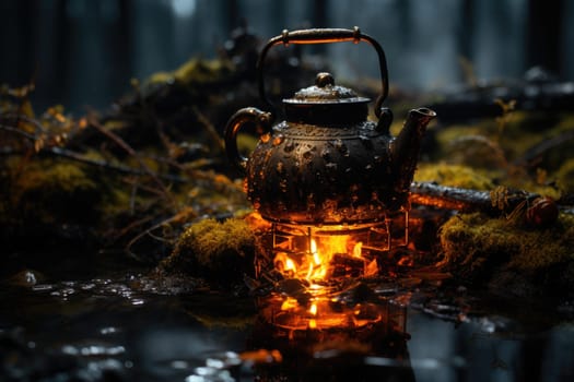 Small campfire with gentle flames beside a lake during a glowing sunset. boiling kettle for tea or coffee. AI Generated