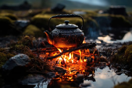 Small campfire with gentle flames beside a lake during a glowing sunset. boiling kettle for tea or coffee. AI Generated