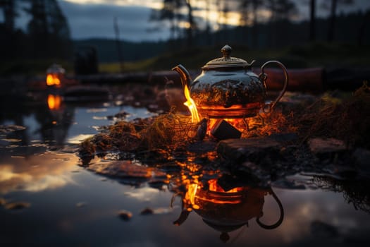 Small campfire with gentle flames beside a lake during a glowing sunset. boiling kettle for tea or coffee. AI Generated