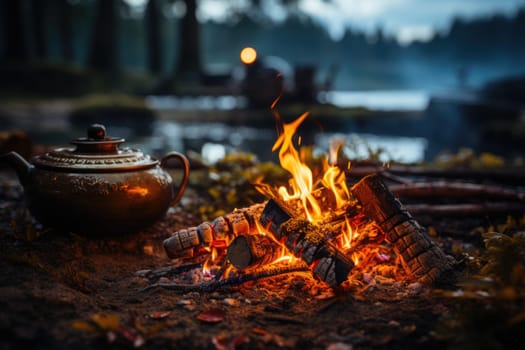 Small campfire with gentle flames beside a lake during a glowing sunset. boiling kettle for tea or coffee. AI Generated