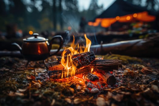 Small campfire with gentle flames beside a lake during a glowing sunset. boiling kettle for tea or coffee. AI Generated