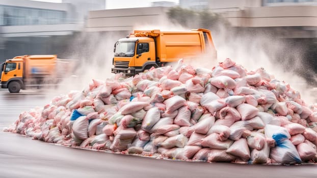 Garbage Truck full of trash, splashing liquids, panning, motion blurred speeding fast drive, drifting, cityscape, raining, cityscape, city servicce waste management service