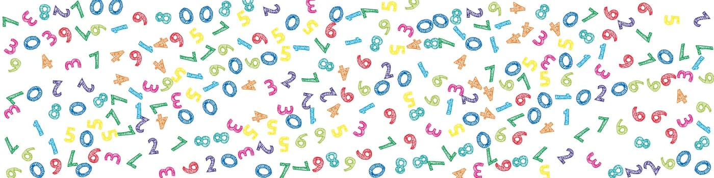 Falling colorful sketch numbers. Math study concept with flying digits. Great back to school mathematics banner on white background. Falling numbers illustration.