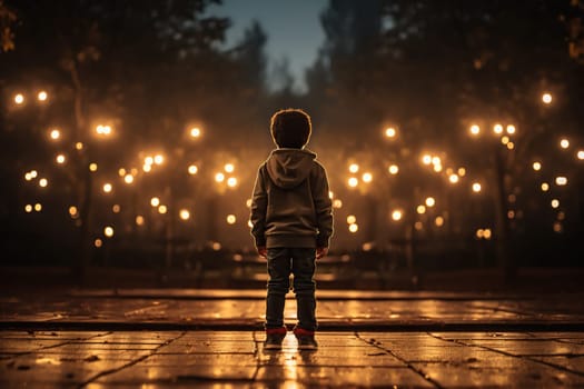Rear view of a child in the park in the evening against a golden bokeh background.
