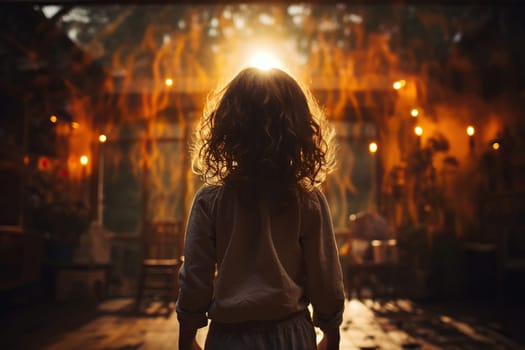 Little girl in the park in the light of evening lights.