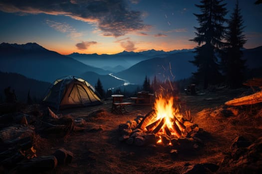 fire and the tent in a pine forest. Camping, recreation, hiking. AI Generated