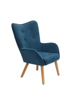 blue fabric armchair with elbow and wooden legs isolated on white background, side view.