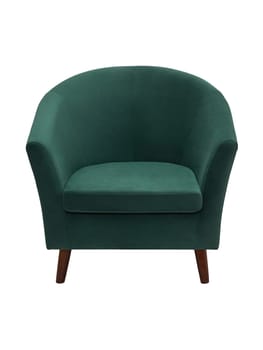 modern green fabric armchair with wooden legs isolated on white background, front view.
