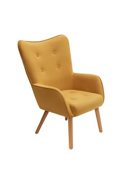 modern orange fabric armchair with wooden legs isolated on white background, side view.