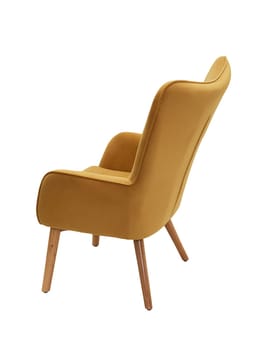 modern orange fabric armchair with wooden legs isolated on white background, back view.