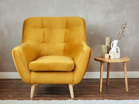 furniture, interior, home design. modern orange fabric armchair with wooden legs, front view.