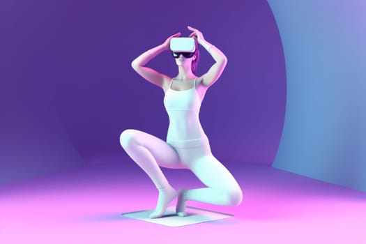 neon woman black game metaverse virtual smart vr glasses freedom three-dimensional purple headset technology entertainment floating sport digital reality connect innovation. Generative AI.