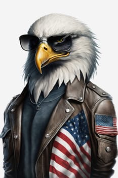 Iconic American Symbol: Patriotic Eagle sporting a sleek black leather jacket and stylish sunglasses, proudly displaying the American Flag of the United States.