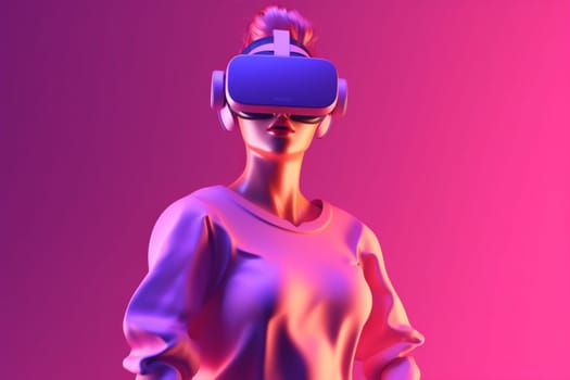 woman game goggle floating futuristic virtual character colorful connect 3d innovation glasses vr render young virtual purple neon digital sport reality reality background. Generative AI.