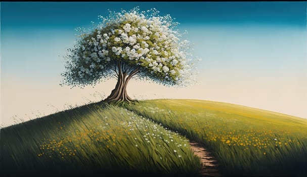 A Refreshing Painting Featuring a Blossoming Tree on a Lush Green Hill in the Spring Season illustration