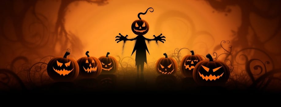 spooky october scarecrow evil horror design head halloween night glowing fantasy lantern ghost orange pumpkin face dark holiday celebration black. Generative AI.