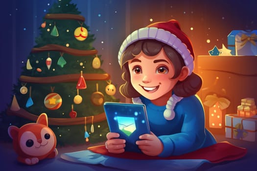happy new screen person celebration christmas cute beautiful event cartoon smiling home computer laptop video cyberspace baby together chat child. Generative AI.