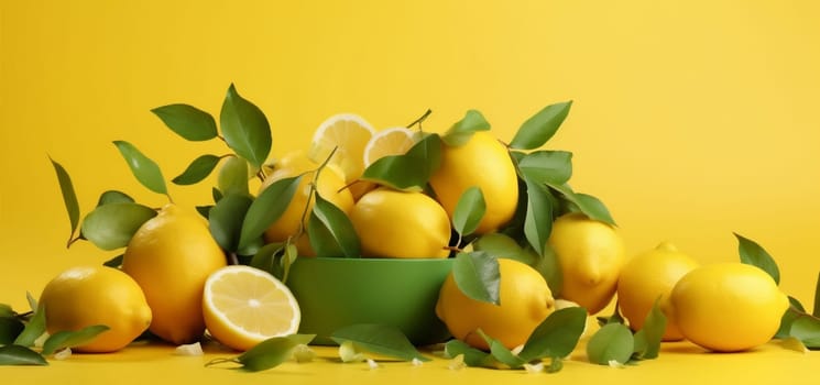 healthy group yellow lemon fresh juicy top food ingredient isolated fruit leaf background citric top organic view summer color vitamin concept natural. Generative AI.