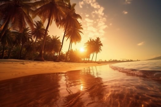 sea surf island landscape beautiful summer sunset holiday sun background scenic sunrise paradise palm cloud dusk sky ocean coconut beach. Generative AI.