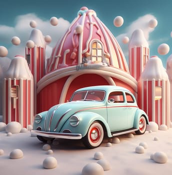 merry year festive tree christmas card celebration holiday snow background winter lollipop candy gift retro concept red car carrying new sugar. Generative AI.