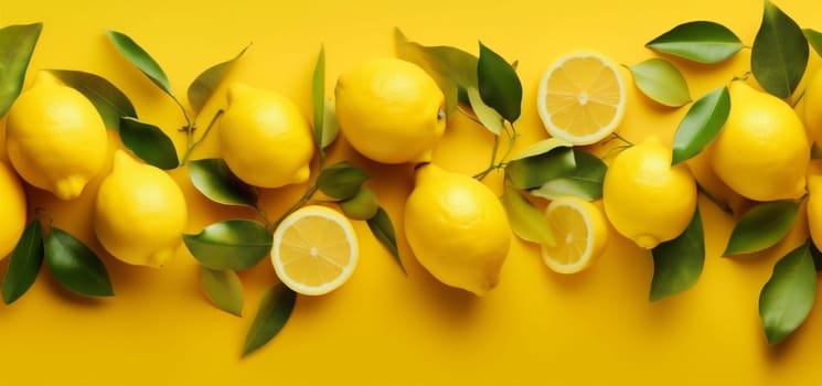 food natural yellow citric tropical healthy fruit close-up lemon lime fresh leaf vitamin pattern summer design background organic art green juicy. Generative AI.