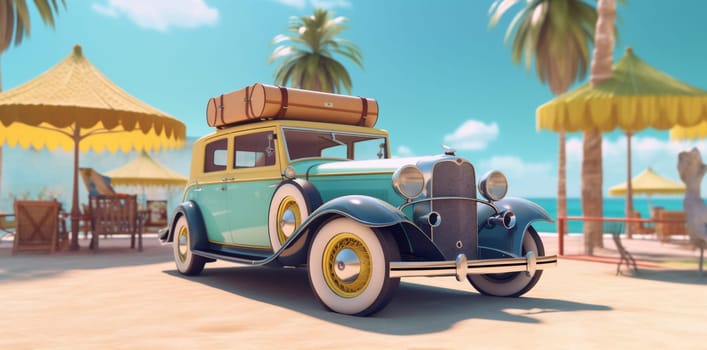 palm surf summer beach retro sand leisure vintage road old-fashioned vacation trip car tropical transport travel sunlight auto journey blue. Generative AI.