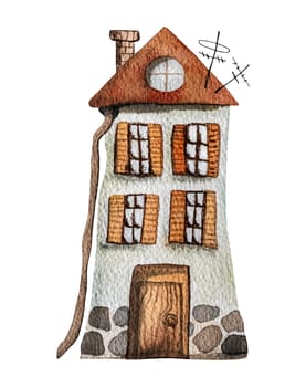 Watercoor house building with cute illustration. Home exterior design for postcards